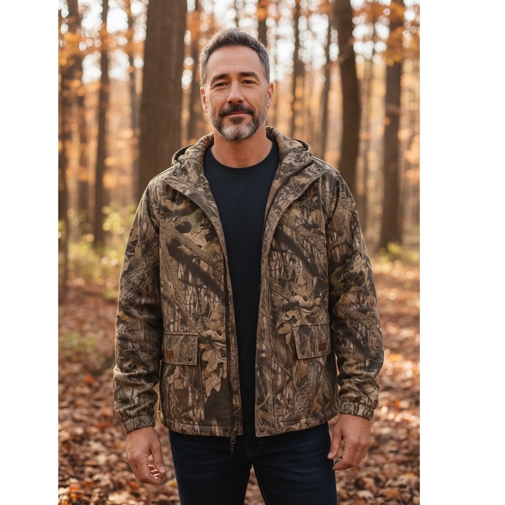 Cabelas Men 2XL Camo Hooded Hunting Jacket Full Zip Cargo Pocket Canada Tactical